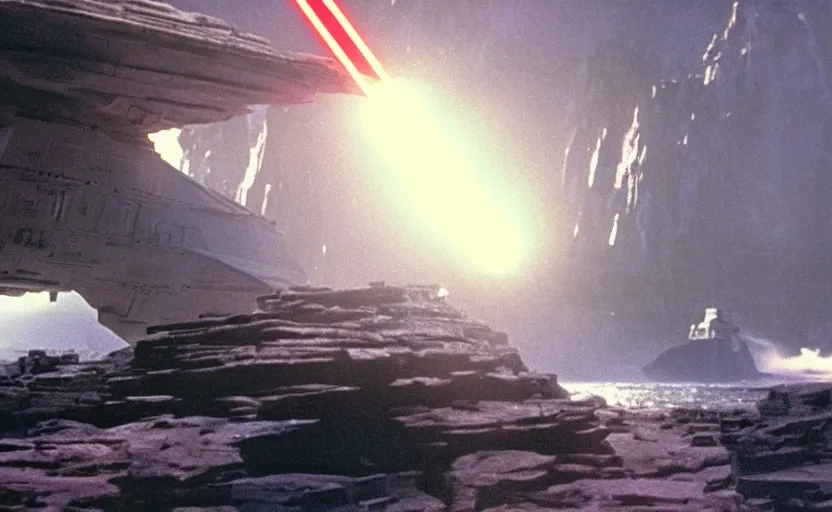 Prompt: iconic cinematic screen shot of star destroyer waterfall canyon planet, from the action packed scene from the 1 9 7 0 s star wars sci fi film by stanley kubrick, glowing lasers, kodak film stock, anamorphic lenses 2 4 mm, lens flare, iconic cinematography, award winning