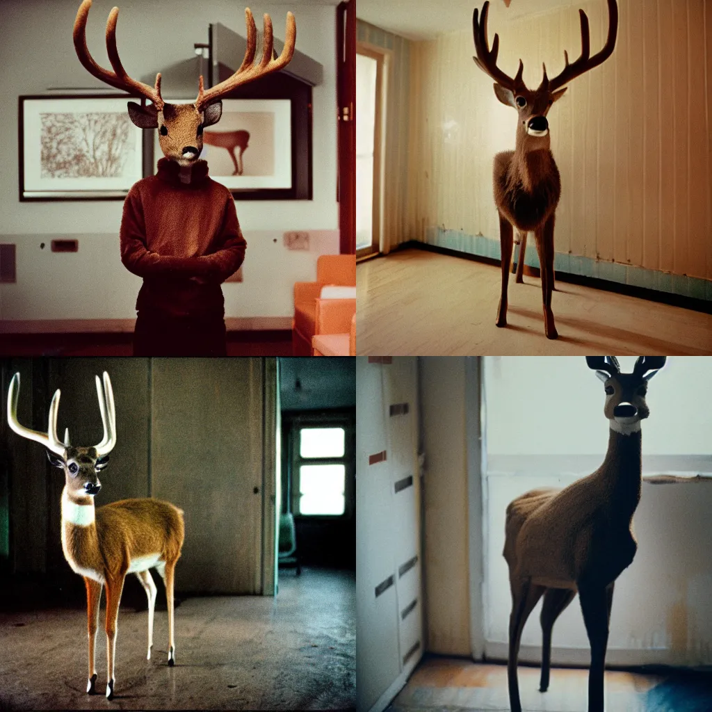 Prompt: an anthropomorphic deer monster standing in a soviet apartment, cinestill 8 0 0 t 5 0 mm