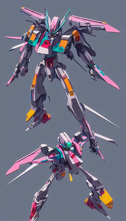 Image similar to isometric concept gundam macross evangelion, detailed hatching, diagram specifications notations, by alex pardee, 3 d cg, octane rendered, futuristic, 2 k aesthetic, 4 k, highly saturated colors