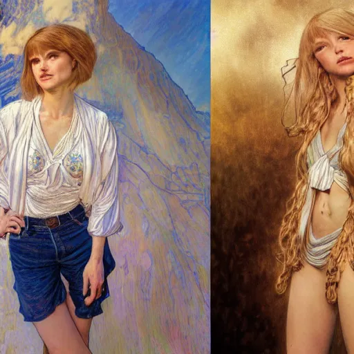 Prompt: A woman with blonde long hair and short bangs haircut in shorts and white shirt drawn by Donato Giancola and Jon Foster, frank frazetta, alphonse mucha, background by James Jean and gustav klimt, 4k, volumetric lighting, french nouveau, trending on artstation, octane render, hyperrealistic