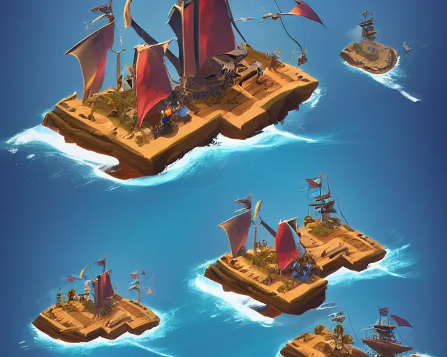 Image similar to isometric game art of sea of thieves ocean and ship, game design concept, rare ltd, trending on artstation, cgsociety