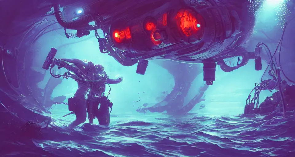 Prompt: bioluminescent underwater cyberpunk life fighting, blue, orange, purple, cyberpunk submersible, deep ocean, bottom of the sea, dark, extreme depths, organic, mariana trench, midnight zone, bubbles, hyper realistic, hyper detailed, digital art, trending in artstation, studio quality, photorealistic, photo, by jesper ejsing, wlop, paul lehr