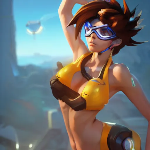 Prompt: overwatch tracer in a bikini, digital art, pretty face, very beautiful face, very detailed eyes, 8 k resolution, by wlop, greg rutkowski, full body