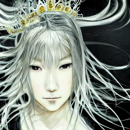 Prompt: yoshitaka amano blurred and dreamy illustration of an anime girl with black eyes, wavy white hair fluttering in the wind wearing elden ring armor and crown with engraving, abstract black and white patterns on the background, noisy film grain effect, highly detailed, renaissance oil painting, weird portrait angle, blurred lost edges, three quarter angle