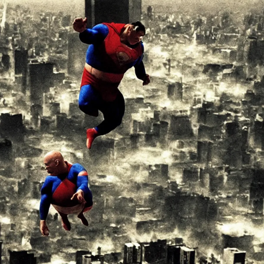 Prompt: “Fat, old, bald Superman with no hair flying over destroyed city looking exhausted and sad. Newspaper photo.”