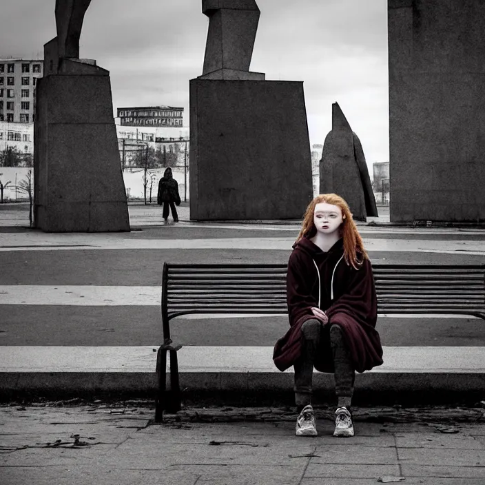 Image similar to sadie sink in hoodie sat on bench in ruined square, pedestrians walk by. background of old soviet monument and pedestrians. storyboard, scifi cyberpunk. by gabriel hardman, joe alves, chris bonura. cinematic atmosphere, detailed and intricate, perfect anatomy
