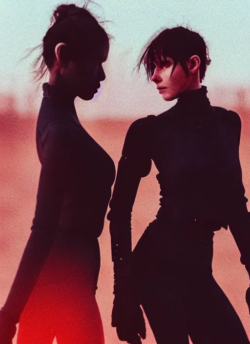 Image similar to cinestill 5 0 d photographic portrait of two loving female androids wearing rugged black cutout waist techwear on a desolate plain with a red sky, extreme closeup, modern cyberpunk, dust storm, 8 k, hd, high resolution, 3 5 mm, f / 3 2, ultra realistic faces, ex machina, blade runner