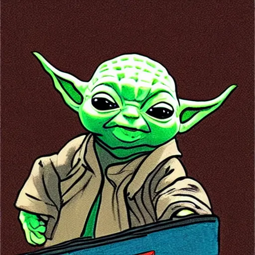 Image similar to baby yoda in the style of bill watterson.