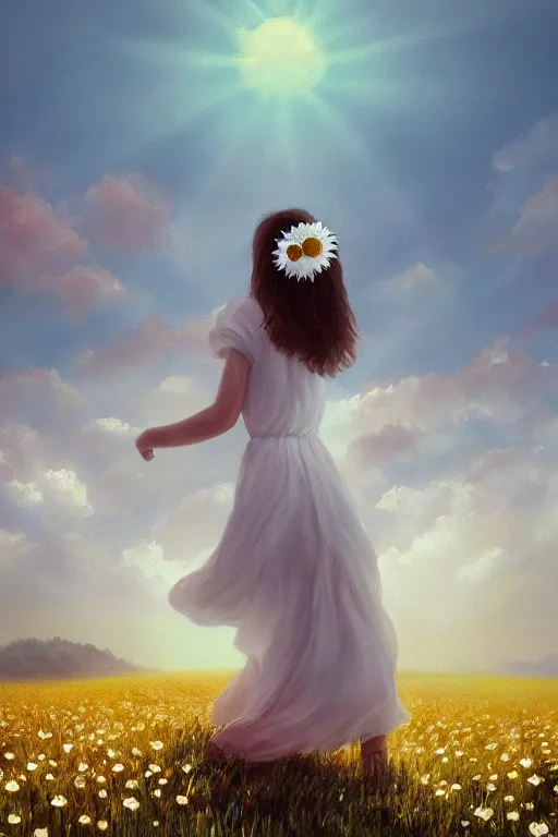 Image similar to giant white daisy flowers as head veil, girl walking in a flower field, surreal photography, sunrise, dramatic light, impressionist painting, colorful clouds, digital painting, artstation, simon stalenhag