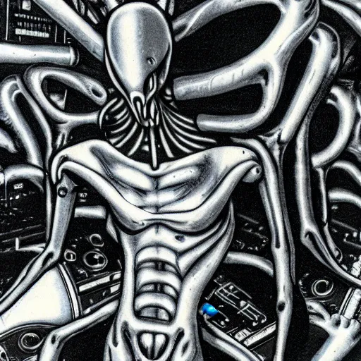 Image similar to an alien djing in a hardcore rave in the style of Giger. 35mm photo realistic