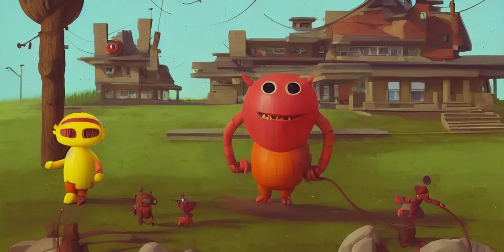 Image similar to cute cartoon striped monster in front of a Frank Lloyd wright house by Goro Fujita and Simon Stalenhag , 8k, trending on artstation, hyper detailed, cinematic