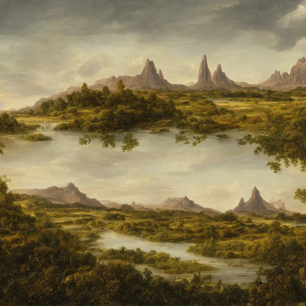 Image similar to a wide angle landscape of a prairie with a very large thin spire mountain in the distance and a wide river running in the middle of the frame with a city upon the river in the style of rococo digital painting