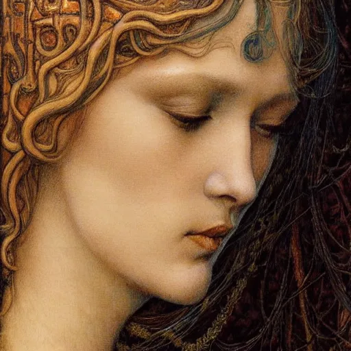 Prompt: detailed realistic beautiful young medieval queen face portrait by jean delville, michael kaluta and marco mazzoni, art nouveau, symbolist, visionary, gothic, pre - raphaelite