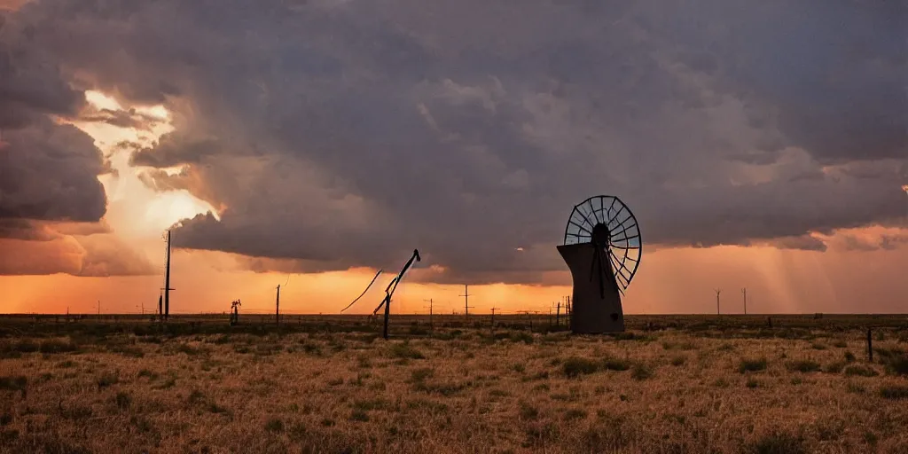 Prompt: photo of a stormy west texas sunset, perfect rustic ( ( windpump ) ), film photography, lightning, golden hour, high quality, beautiful!!!