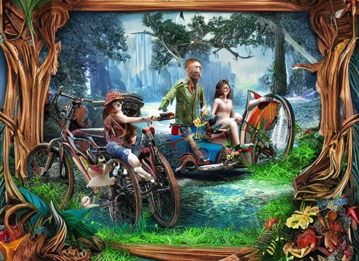 Prompt: 🏝⛺🚲👨🏼🦱, lowbrow, 3 - d highly detailed, in the style of, anne stokes, abney park,