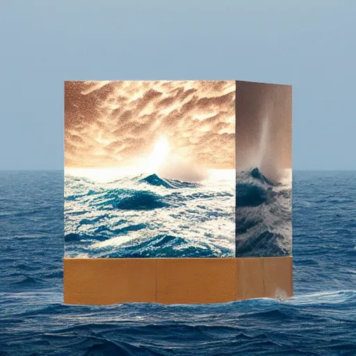 Prompt: a cube in the middle of the sea with images of a sea squall on its sides. in the style of Richard Serra