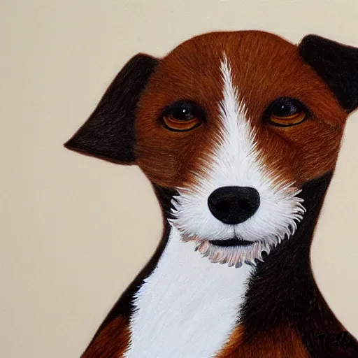 Image similar to ultra detailed painting of a short haired fox terrier mixed with a jack russel with dark brown fur