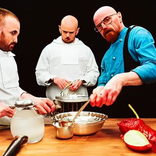 Prompt: jessie pinkman and walter white cooking borsch cinematic extremely detailed