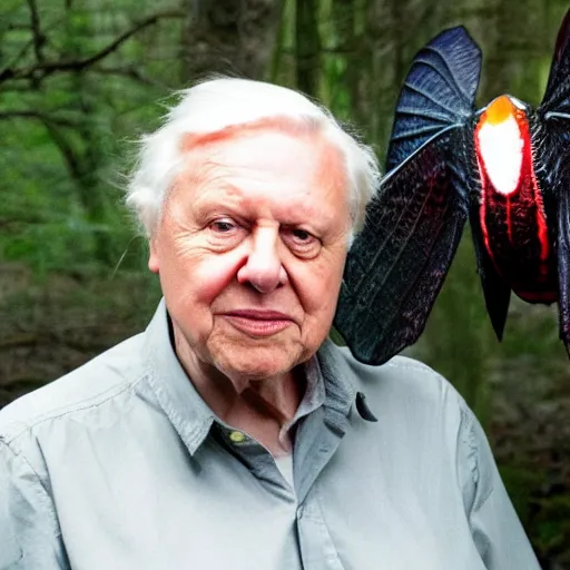 Image similar to Sir David Attenborough in the woods with a small red-eyed Mothman