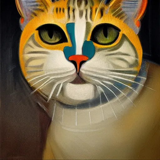 Prompt: Intricate cat facial portrait by Pablo Picasso, five star oil on canvas, 8k, photo realistic, matte finish, high contrast, artstationhd