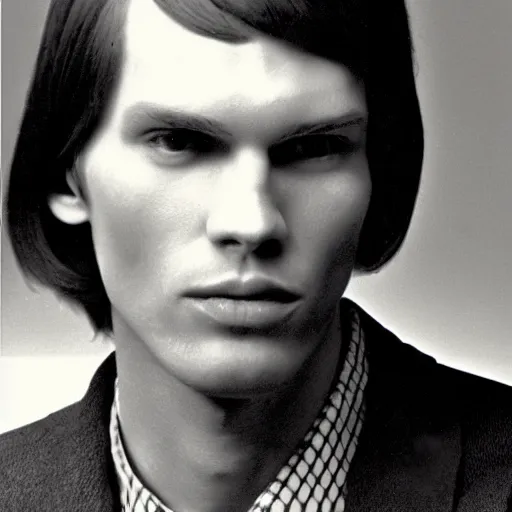 Prompt: A photograph portrait of Jerma985 with short-medium length hair with bangs wearing late 1960s menswear in the late 1960s, taken in the early 1960s, grainy, taken on a 1960s Kodak Camera, realistic, hyperrealistic, very realistic, highly detailed, very detailed, extremely detailed, detailed, digital art, trending on artstation, colorized photo