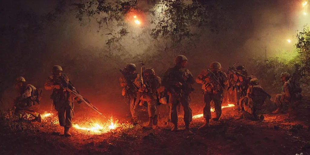 Image similar to a squad of american soldiers in combat in the vietnamese jungle at night illuminated by napalm strike, beautiful, vivid, cinematic, art by craig mullins