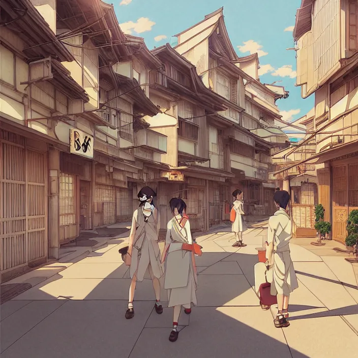 Image similar to empty japanese city, summer, in the style of studio ghibli, j. c. leyendecker, greg rutkowski, artem