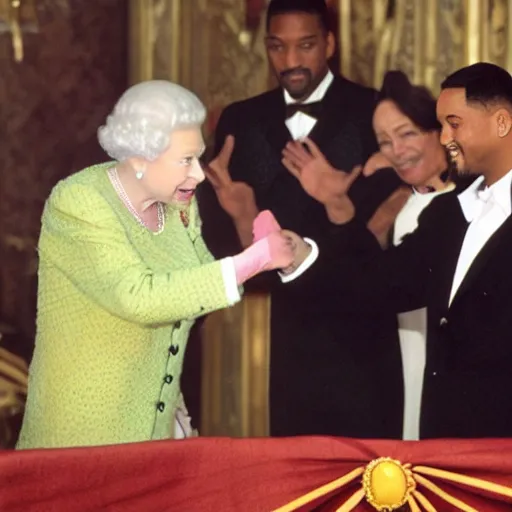 Image similar to Queen Elizabeth slapping Will Smith