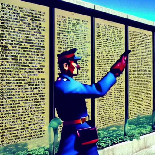 Image similar to mario dabbing, vietnam memorial background