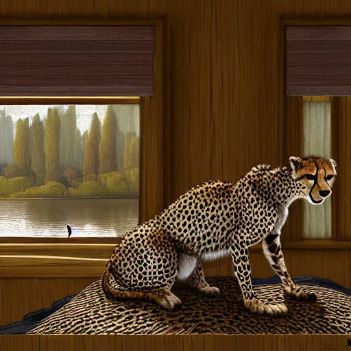 Prompt: a cheetah in a cabin by a lake, artstation, award - winning, serene,