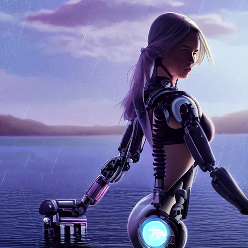 Image similar to ellen paige as a beautiful cyborg - angel girl standing on a lake, rainfall, biomechanical details, digital cyberpunk anime art, full body shot, reflections, lens flare, wlop, ilya kuvshinov, artgerm, krenz cushart, greg rutkowski