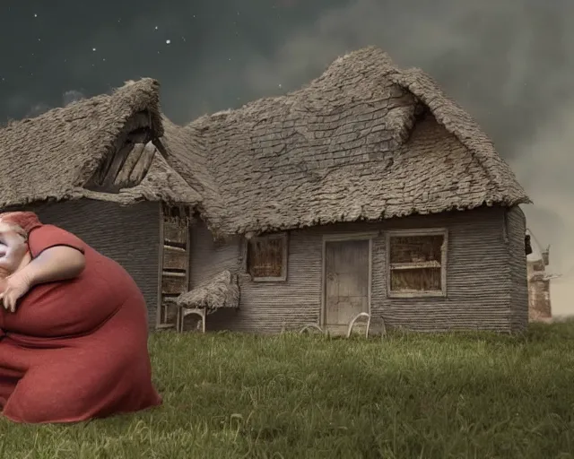 Image similar to of a very beautiful scene. ambient occlusion render. a sweet fat old woman is giving birth to her broken house. hyper realistic. 4 k. wide angle. wild. symmetrical face, red mouth, blue eyes. deep focus, lovely scene. ambient occlusion render. concept art. unreal engine.