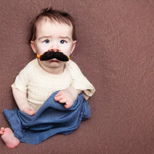 Image similar to baby with a very thick moustache laying on a blanket, photograph, dark moustache, tom selleck style moustache, sam elliot style moustache, grouch marx style moustache, depth of field, cute baby with moustache, olan mills, professional portrait photograph