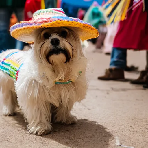 Prompt: a cream-colored Havanese dog wearing a knitted cinco de mayo poncho and hat at a fiesta in Mexico, Leica 35mm, 4K