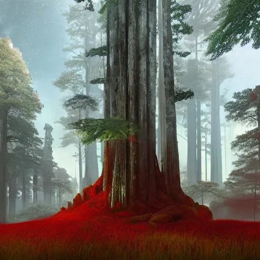 Image similar to red ancient temple between green hills with big trees, star trails, dramatic lighting, artstation, matte painting, caspar david friedrich, simon stalenhag