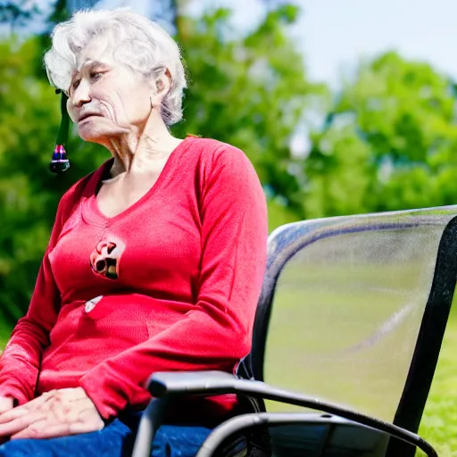 Image similar to an older woman sitting in a park using an oxygen tank. the oxygen tubing is attached to her nose, 4 k,