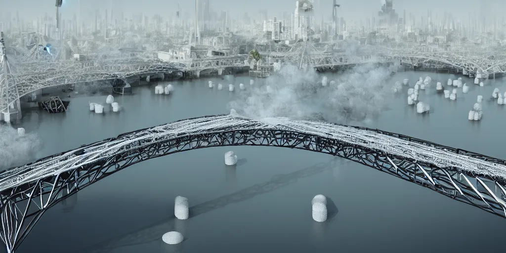 Prompt: explosions in the form of realistic white cotton plants on harbour bridge, huge white cotton everywhere on the destroyed harbour bridge, smooth, sharp focus, highly detailed, 3 d octane render, epic lighting, lots of white cotton, 8 k