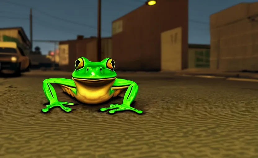Image similar to a frog in gta san andreas, cinematic shot, 4 k, night time