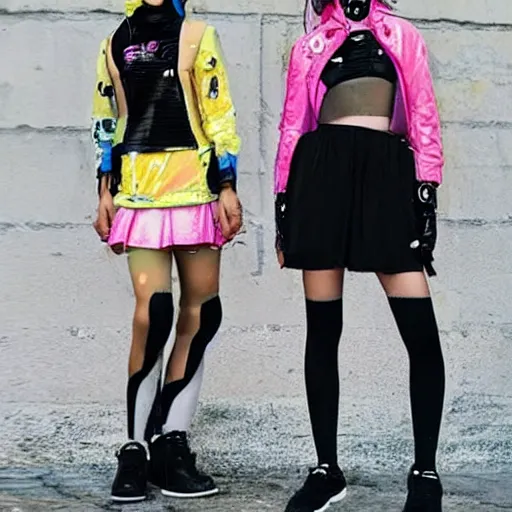 Image similar to fruits magazine steetwear photo of cute cool fashion worn by teens teens in the far future, futuristic!!! haute couture fashion!!!!, nanotechnology cybernetics!!! solar power prosthetic, style of ai yazawa