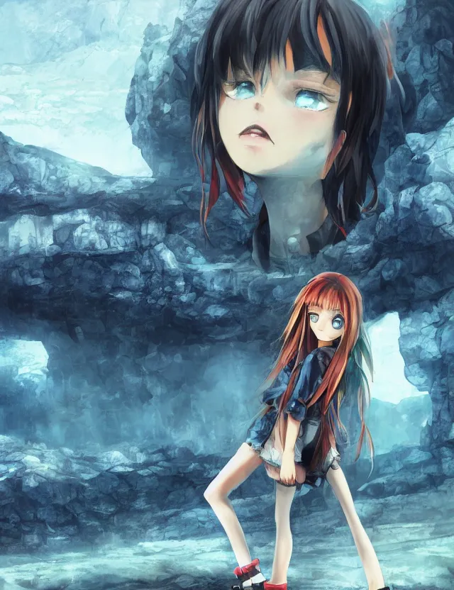 Image similar to scenic wide angle portrait of a teenage girl in a coal mine, blue jeans outfit, anime in fantasy style, trending artwork, made with anime painter studio, by anato finstark, tony sart, marc simonetti and an anime artist, collaboration