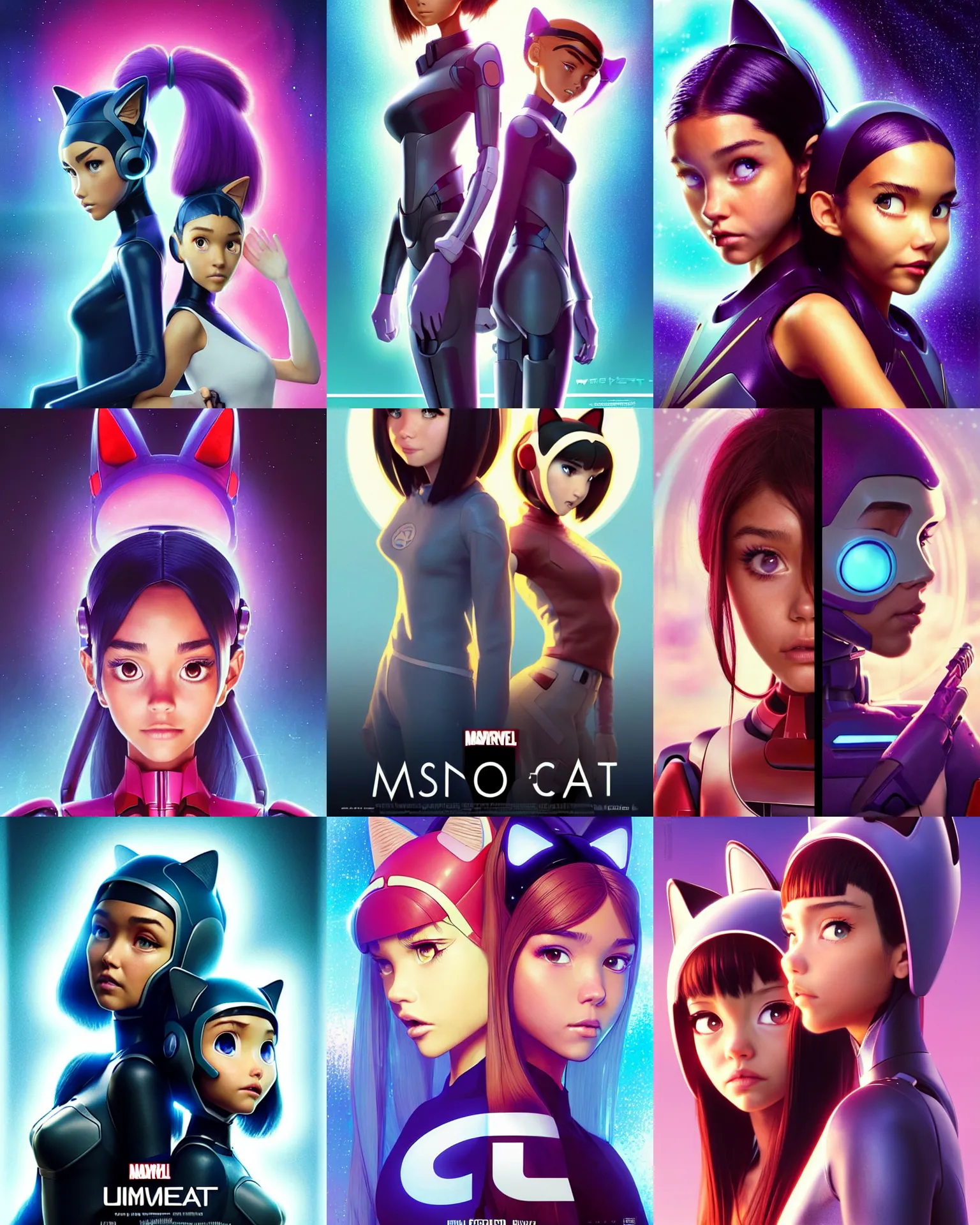 Prompt: sci - fi pixar anime movie poster portrait photo of madison beer, jessica alba : : as woman cyborg wearing cat ears by weta, marvel : : by greg rutkowski, wlop, ilya kuvshinov, rossdraws, artgerm, leeloo, rave makeup, unreal engine, sweaty, glitter, pearlescent, morning, disney, : :