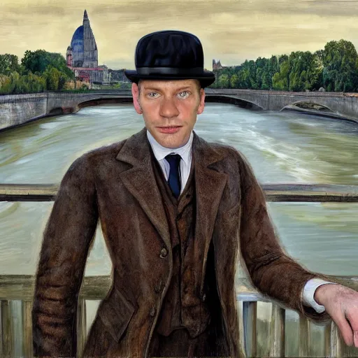 Image similar to high quality high detail painting by lucian freud, ewan mcgregor is standing by the river seine on a bridge in the morning. he is wearing a gentleman ´ s outfit with a bowler hat. next to him at his feet is lying a brown cat. ewan mcgregor is painting a canvas that is put on an easel. morning light, 4 k