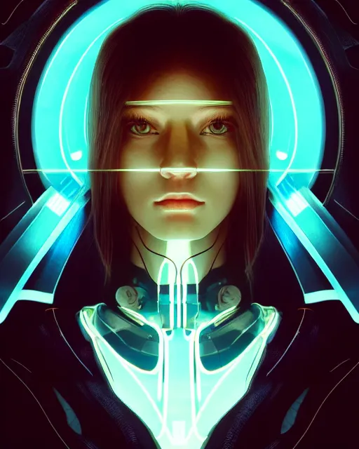 Image similar to symmetry!! centered head on, closeup portrait of a girl with thoughts floating around her, sci - fi -, cyberpunk, blade runner, glowing lights, tech, biotech, techwear!! intricate, elegant, highly detailed, digital painting, artstation, concept art, smooth, sharp focus, illustration, art by artgerm and greg rutkowski and alphonse mucha