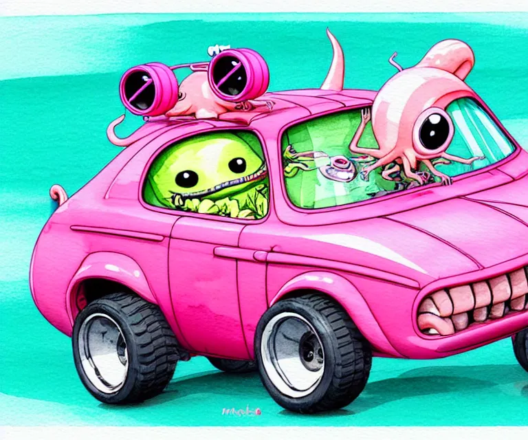 Image similar to cute and funny, pink colored squid wearing goggles riding in a tiny hot rod with oversized engine, ratfink style by ed roth, centered award winning watercolor pen illustration, isometric illustration by chihiro iwasaki, edited by range murata, tiny details by artgerm and watercolor girl, symmetrically isometrically centered