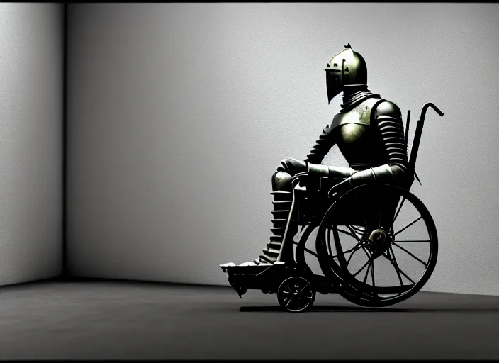 Image similar to knight in armor in a wheelchair do tricks, minsk, highly detailed, soft lighting, elegant, works by edward hopper and james gillard, zdislaw beksinski, stephen outram, andreas m wiese, highly detailed, masterpiece. rendered in blender, smooth shadows, ultra detail, high resolution, unreal 6, 8 k