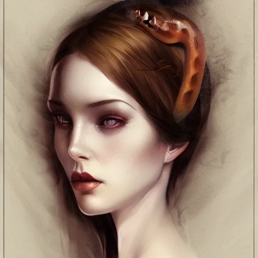 Prompt: portrait of a woman with a snake inspired by Charlie bowater,Anna Dittmann