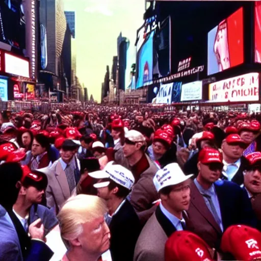 Prompt: still of donald trump clones invading time square, wearing maga hats, in american psycho ( 1 9 9 9 )