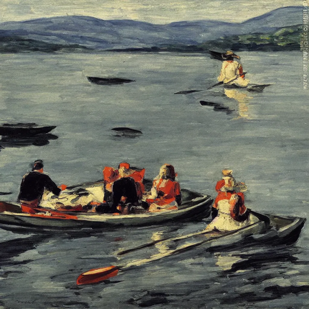 Prompt: a beautiful woman sitting in canoe on the hudson river, oil painting, style of george bellows