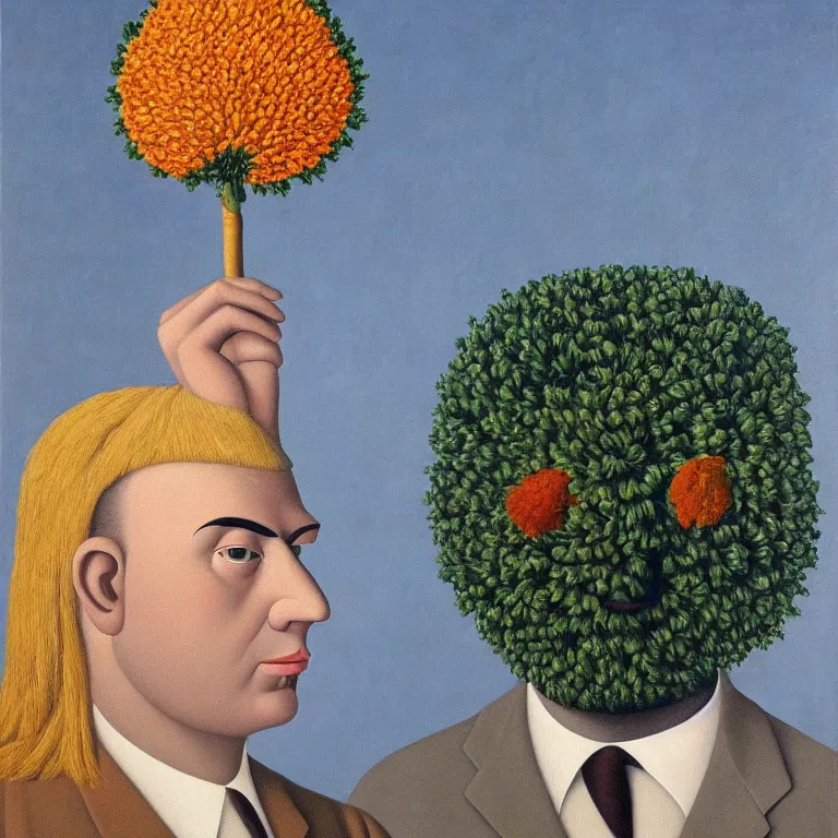 Image similar to portrait of a flower - head man by rene magritte, detailed painting, distance, centered, hd, hq, high resolution, high detail, 4 k, 8 k