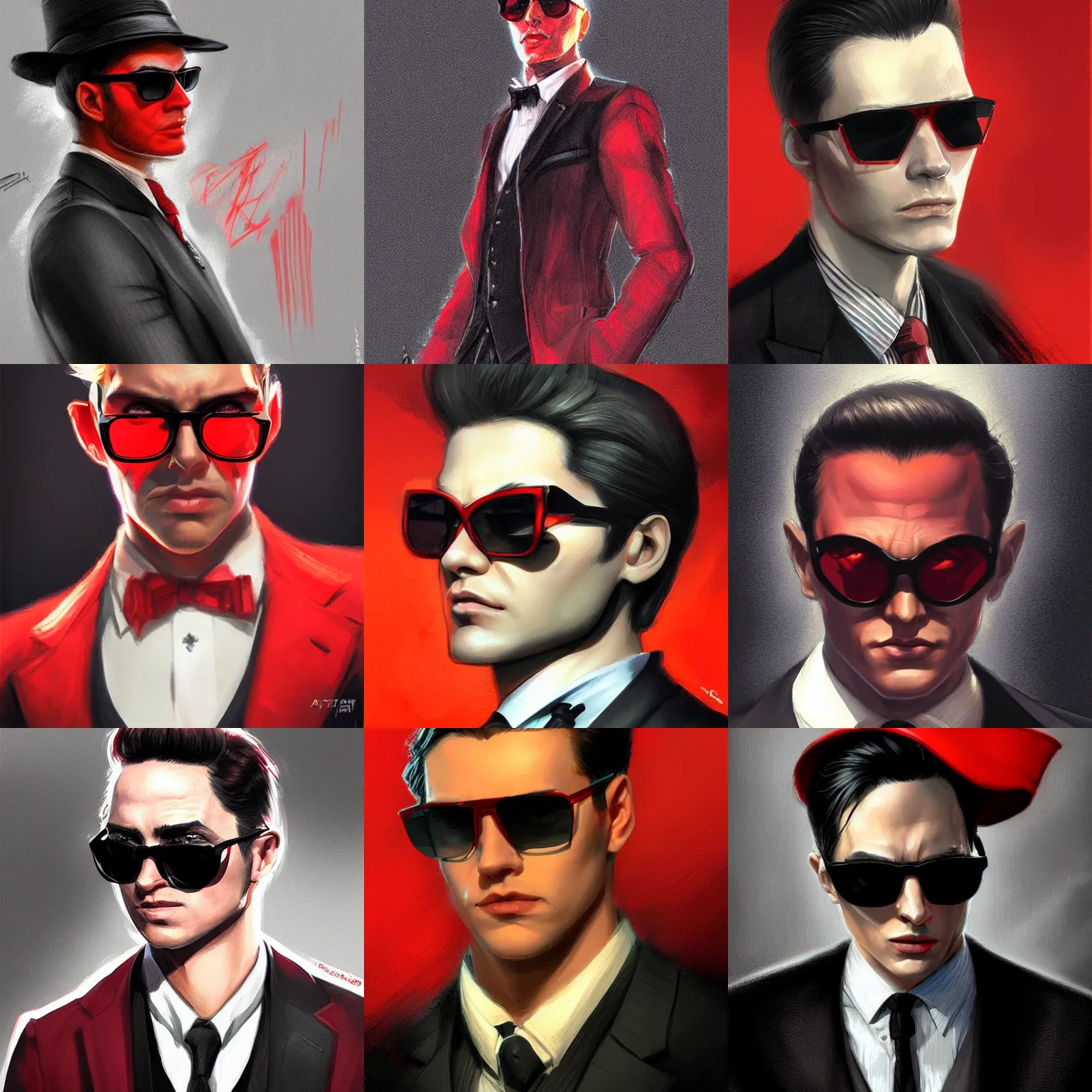 Prompt: man, red sunglasses, black pinstripe suit, d & d, fantasy, portrait, highly detailed, headshot, digital painting, trending on artstation, concept art, sharp focus, illustration, art by artgerm and greg rutkowski and magali villeneuve